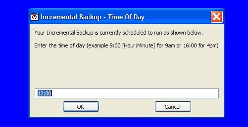 7. Next a Set Incremental Backup Time Window will appear asking you to enter the time of day you would like to schedule your Incremental Backups a.