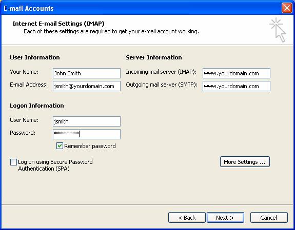 5. Click on More Settings and Select the Outgoing Server tab. Check My outgoing server (SMTP) requires authentication. Select Use same settings as my incoming mail server. 6.