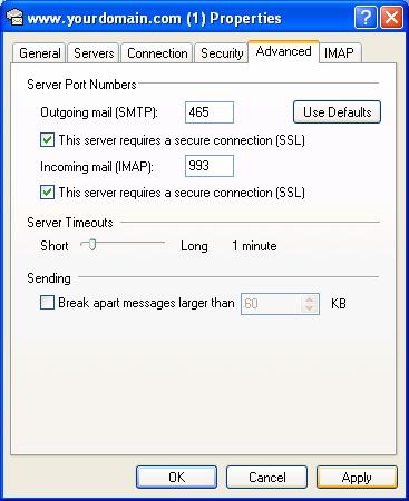 16. Click on Advanced and under Server Port Numbers/Outgoing mail (SMTP) click on This server requires an SSL secure connection SSL - (you must manually change the port number to 465).