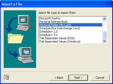 Select Import from another program or file and hit Next> 5. Select Personal Folder File (.pst) and hit Next> 6.