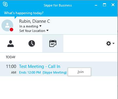 Skype for Business Client for PC 1. Open Skype and click the Meeting View icon. 2. Right click on the meeting and click Join. 3.