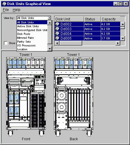 Figure 1: Example of the Graphical View in Operations Navigator. The View by drop-down menu lists several options for viewing disk units.