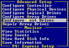 3 Express Setup / Advanced Setup and Monitor Menus After you select an ICP RAID controller from the Select Controller screen (see Figure 10-38), ICPCON initially displays the Express Setup and