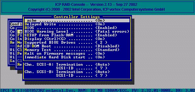 ICP RAID Console 10.5.1 Configure Controller From the Advanced Setup menu, select the Configure Controller option and press Enter to display the Configure Controller menu (Figure 10-57).