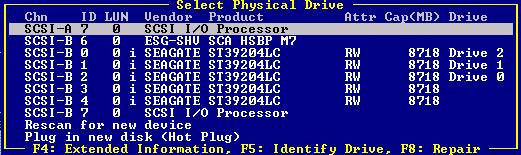 ICP RAID Console Figure 10-69. Select Physical Drive Below is a description of each column in the Select Physical Drive screen: Chn - The IO channel ( SCSI stands for SCSI). ID - Device ID.