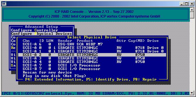 ICP RAID Console Figure 10-74. Select Physical Drive Screen with Initialized and Fragmented Disk Warning: This option destroys all data on the hard disk.