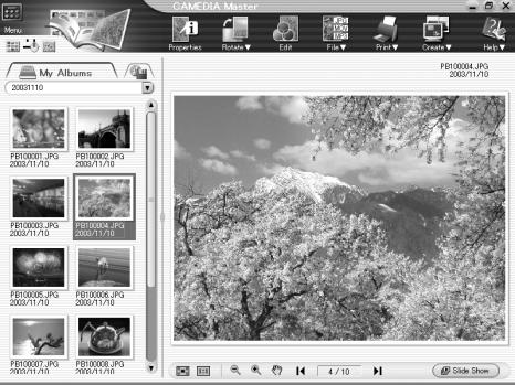 Viewing still images In the main menu, click Browse Images. Using the provided CAMEDIA Master software 8 Creating and sharing images using a computer 194 The Album Window is displayed.
