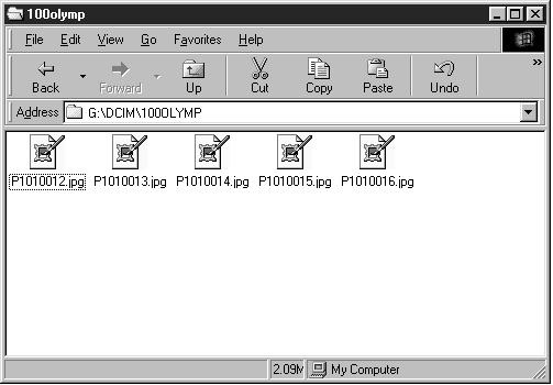 Downloading images to your computer 4 Double-click the 100olymp folder. Image files (JPEG files) with files names such as P1010001.jpg are displayed.