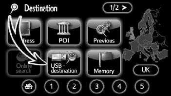 Unplugging a USB memory device 1. Push the MENU button. DESTINATION SEARCH (b) Selecting POI 1. Push the MENU button. 2. Touch Destination. 2 2.