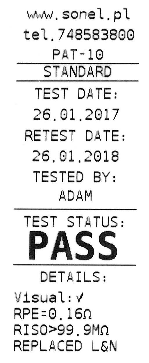 If the full report has been selected ( ),the tester will print the same set of data as in standard report, and additionally it will include a single test results: Full report (label) for: positive