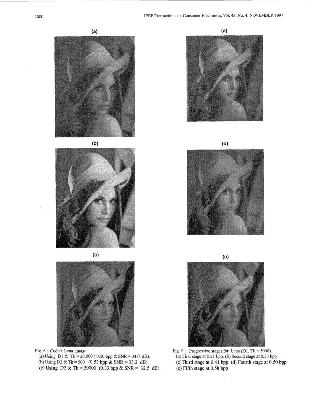 1000 EEE Transactions on Consumer Electronics, Vol. 43, No. 4, NOVEMBER 1997 Fig. 8 : Coded Lena image. [a) Using D1 & Th = 20,000 ( 0.50 bpp & SNR = 34.0 a). (b) Using D2 & Th = 500 (0.