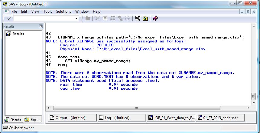 SAS code used to read a named range from Excel, NOTE there are