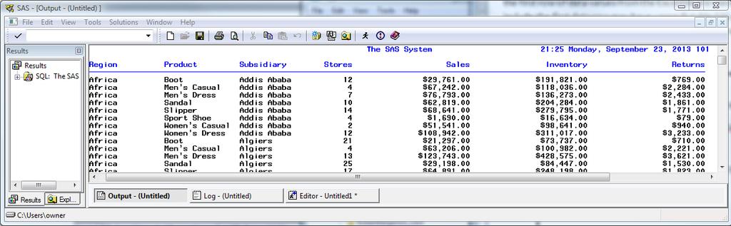 Figure 13. The Output Listing generated reading Excel data using PROC SQL.