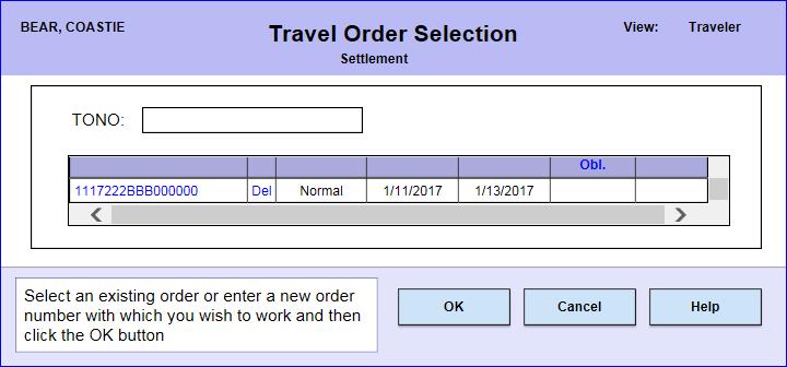 3 The Travel Order Selection screen will display and list any previously entered orders. To enter a Supplemental Settlement, click on the Travel Order Number (TONO) link for the applicable settlement.
