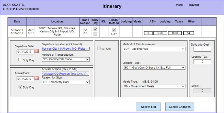 9 Verify the information for each leg of travel performed. You can Edit, Insert or Delete each leg of travel performed. To edit the information for a specific leg of travel, click the Edit link.