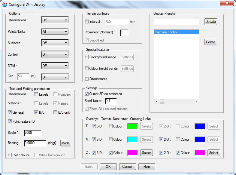Export AutoCAD DXF - Drawing (line work and text) a) Configure DTM display Observations Off Point / Link Features All Grid Off General Text Set the scale so that