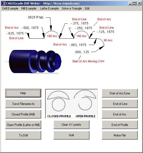 CAD2Gcode DXF Writer Screen with Lathe example shown. To see an example on how to rough out parts see our CAD2Lathe.