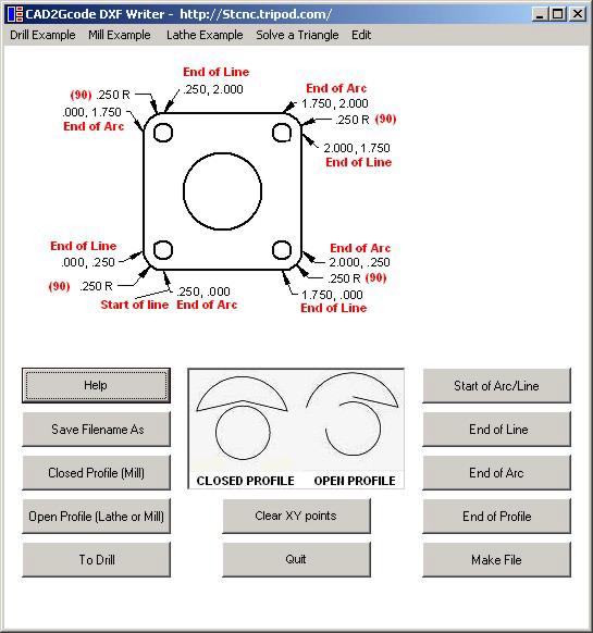 CAD2Gcode DXF Writer Screen with Mill example.