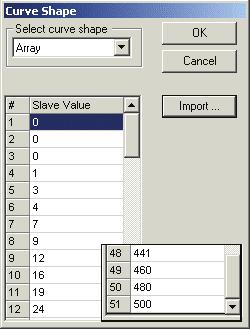 The Curve Shape window is redisplayed, and the array table is completed with the values specified in the imported file.