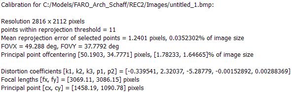 At least 11 pairs of photo points and 3D points must be selected. Chosen points are listed in the table F in the interface.