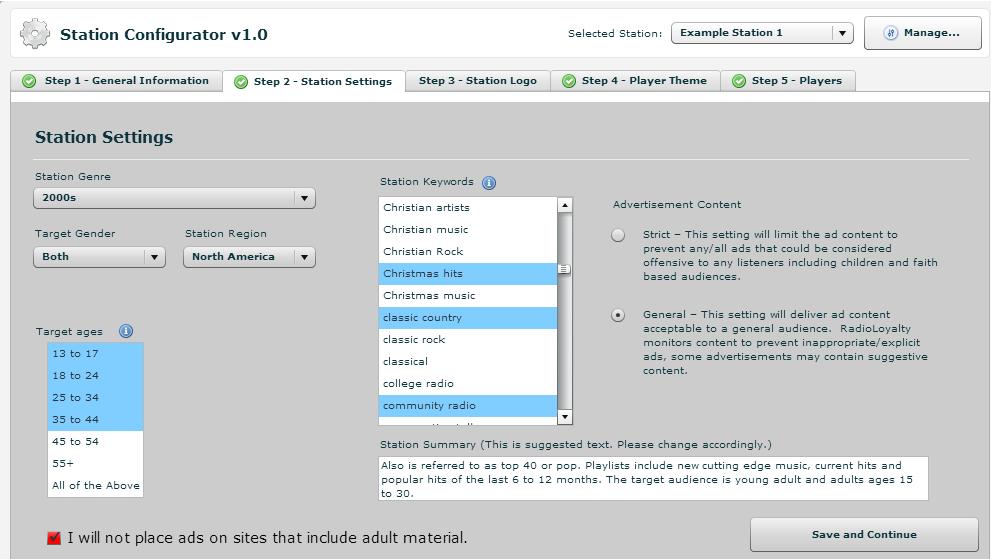 Station Settings - Configurator Step 2 Choose the information that represents your station. To select multiple Station Keywords and Target Ages, hold down the Ctrl key as you select them.