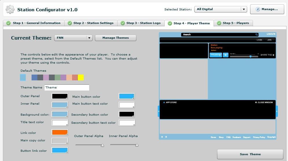 dimensions are 300x100px Player Theme - Configurator Step 4 Choose from a Default Theme or select Custom Colors to match your station s