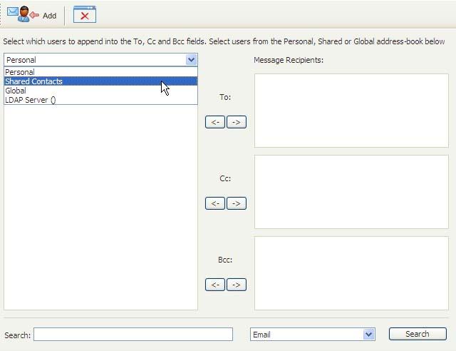 Select your recipient s E-mail address from a personal address book, shared contacts or groups (See picture 4.3) then click -> to move those E-mail addresses to To, Cc or Bcc. Picture 4.