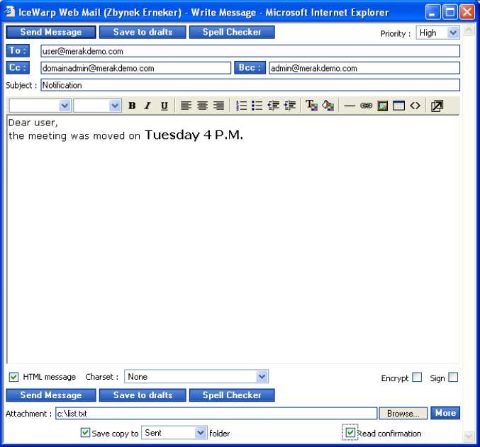 8 WebMail Documentation New Message A New Message dialog appears after clicking either the New Message button within the Top Menu or by using the Reply, Reply All, Redirect or Forward icons.