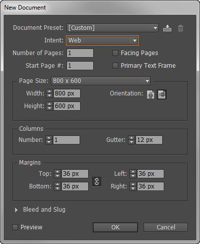 Adobe InDesign Guide To create interactive files for the web: 1. Start InDesign and choose File > New > Document. The New Document dialog box appears (Figure 2)