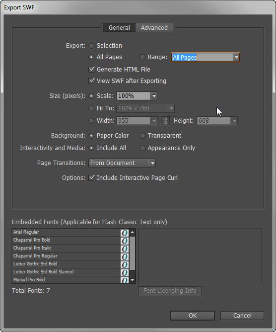 Adobe InDesign Guide 17. Choose Flash Player (SWF) from the Save As Type (Windows) or Format (Mac OS) menu, and click Save. The Export SWF dialog box appears (Figure 9).