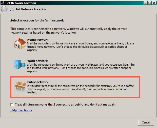 15. Next a window should pop up asking you to set Network Location. Select Public Network. 16.