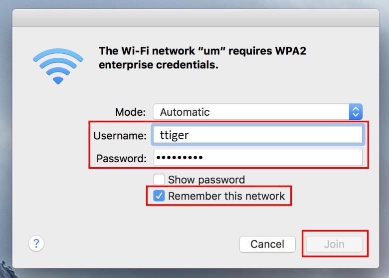 Check the Remember this network box and sign in with your Username UUID (first part of your email address) and