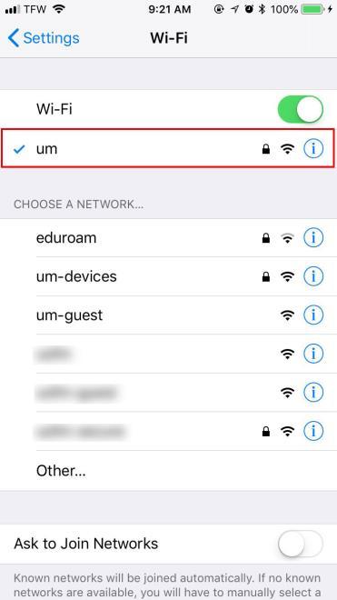 Select Wi-Fi, then choose um from the list