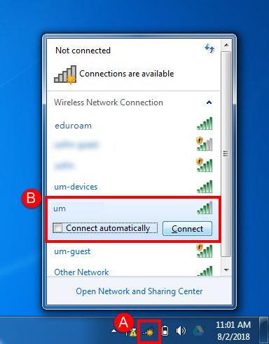 Connecting on a PC - Windows 7 1. From the (A) Network settings, (B) choose um from the list of available wireless networks.