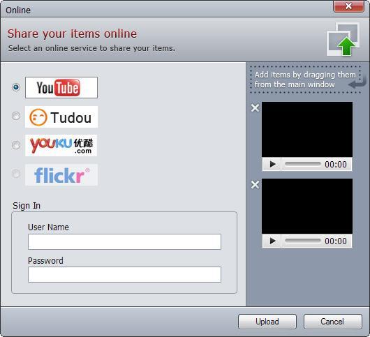 Step 2. Click,below box will pop up: Note: You can also drag the video or photo items from main screen to add to share online or click to remove them.