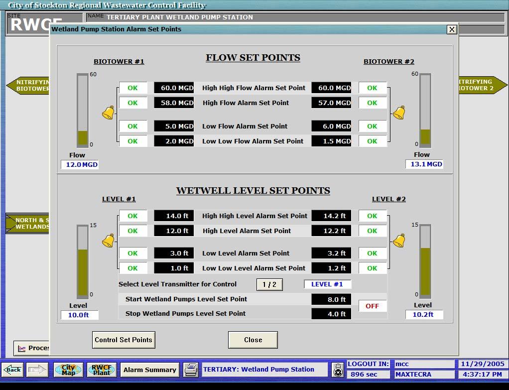 6.8 Wetland Pump Station Flow and Level Alarms This screen presents flow and level set points. It includes alarm set points as well as start and stop levels.