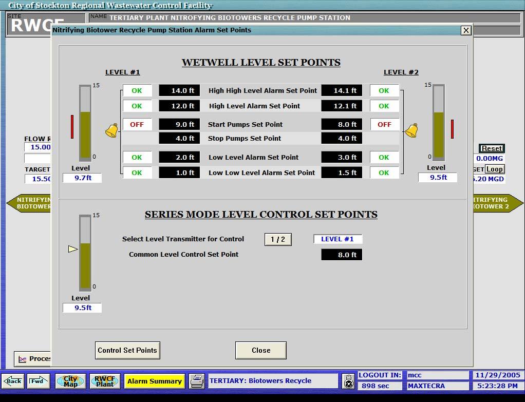6.13 Recycle Alarm Set Points This screen shows level set points for the recycle pump station.
