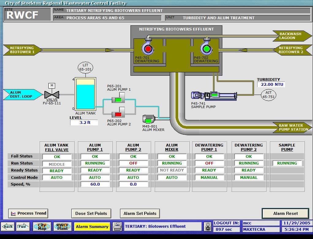 6.14 Biotowers Effluent This screen shows the status of the nitrifying biotowers effluent systems.