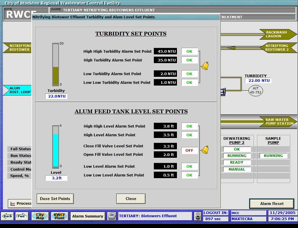 6.17 Turbidity and Alum Level Set Points This screen presents turbidity alarm set points and alum level set