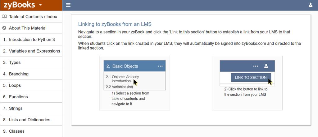 Configure the link on the zybooks website The created link must be associated with a specific zybook and section before students can access it.