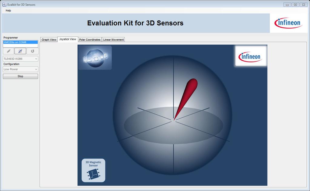 3D magnetic sensor evaluation 4.3 Joystick view The joystick view is a virtual representation of a real joystick with an attached magnet, mounted above the 3D magnetic sensor.