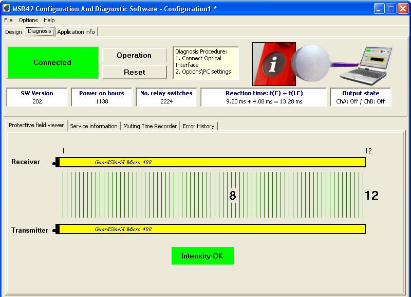 Chapter 1 Product Integration 5. Click the Diagnosis tab. This screen lets you monitor the status of the light curtain when a computer is attached to the MSR42 relay via the Optical Interface.