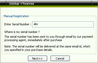 In the Manual Registration screen, enter the serial number such as 123, abc as per your preference in the Enter Serial number text box. Click Next.