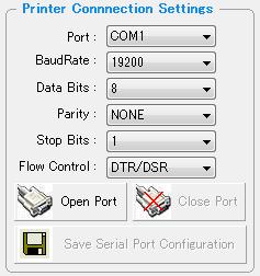 2. Printer Connection Settings with PC You can connect the printer to PC by Serial (COM1 COM9) or USB port. To start the communication, press the Open Port.
