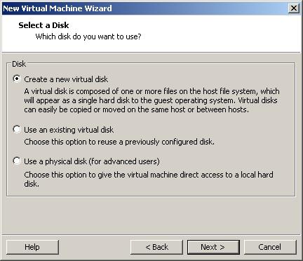 10. Select a Disk. Select Create a new virtual disk. Click Next 13.