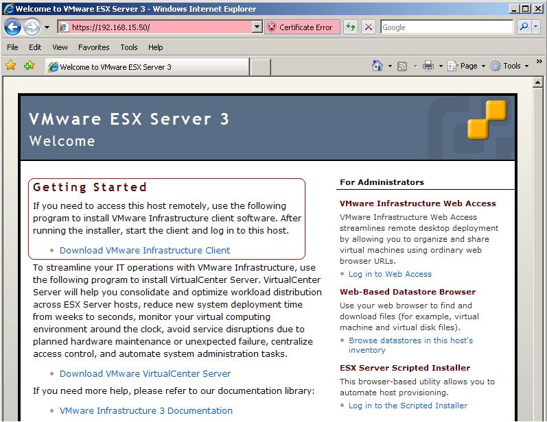 Accept any website certificate warnings, eg: Continue to this website At this point you can continue to configure the ESX server from the VI client.