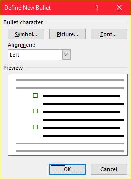 The Define New Bullet dialog box appears as shown on the right: Click the Symbol button. The Symbol dialog box will appear as shown below: Click the Font drop-down box and select a font.