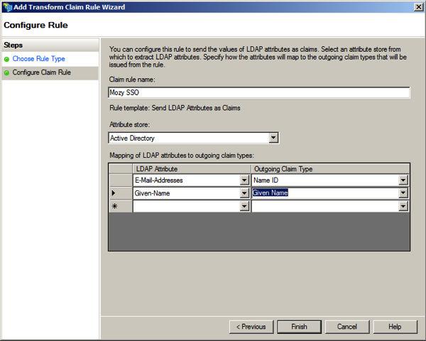 Setting Up Active Directory Federation Service for Mozy Table 13 LDAP attribute mappings LDAP Attribute E-Mail-Addresses Given-Name Outgoing Claim Type Name ID Given Name Figure 7 Add Claim Rules 6.