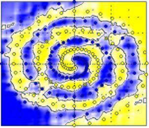 Spiral data set with linear basis functions Spiral data set with level 6, 84,02 % leave-one-out