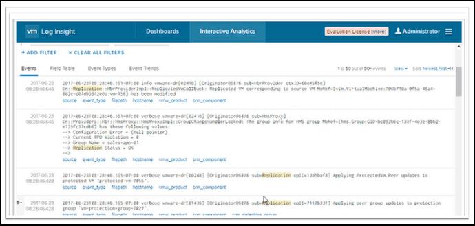 Review Interactive Analytics Results Searching on the word "replication" is a basic example on how to leverage vrealize Log Insight to collect and analyze all types of machine-generated log data.